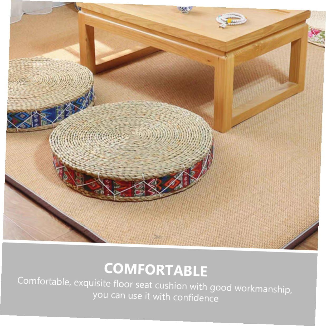 Woven Meditation Floor Pillow Boho Japanese Style Handmade Seat Cushion 30cm Diameter Eco-Friendly Grass Material Zen Cushion for Yoga and Floor Seating