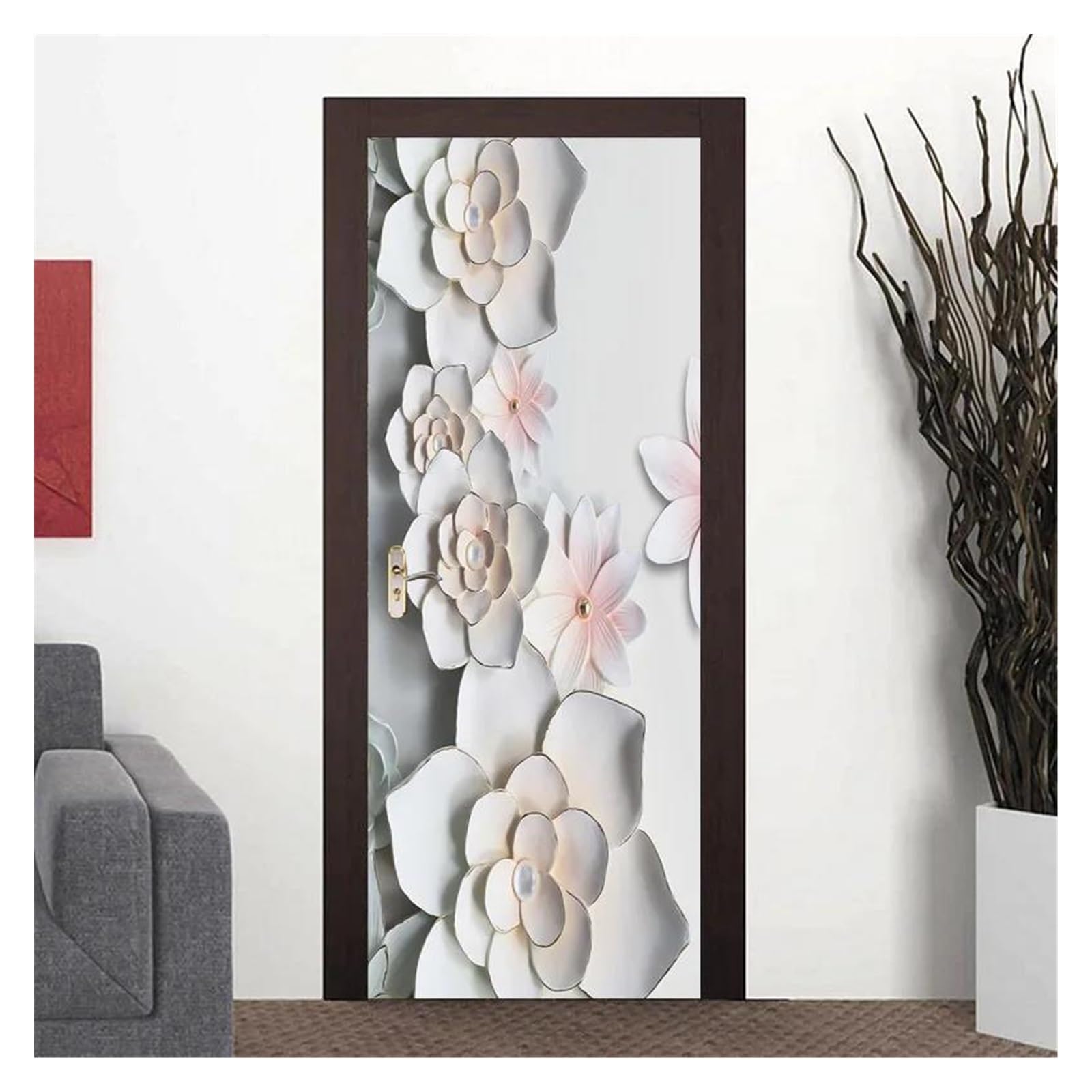 Sticker de porte fleurs 3D auto-adhésif et papier peint étanche salon
