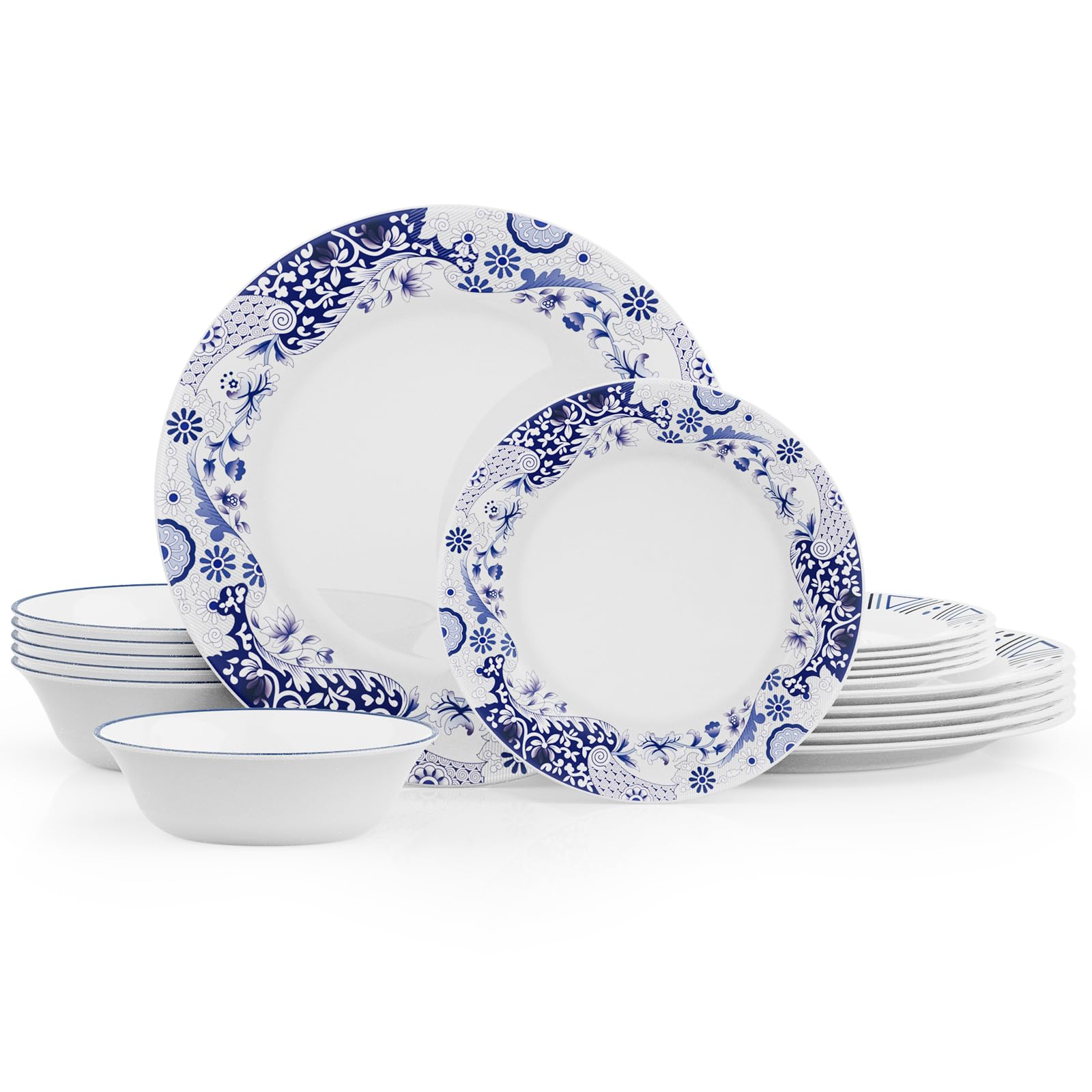 Dinnerware Set, 18-PCS Kitchen Opal Dishes Set Service for 6, Lightweight Glass Plates and Bowls Set, Safety for Microwave & Dishwasher, Break and Chip Resistant,Blue Vintage Flowers