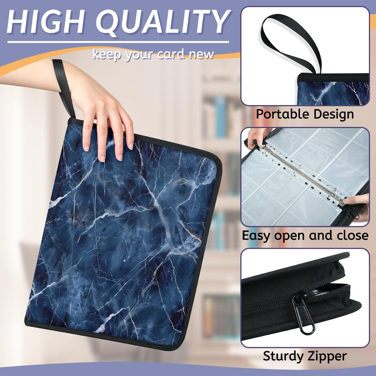 Carpeta de tarjetas coleccionables con 9 bolsillos con textura de mármol azul, álbum de tarjetas con fundas extraíbles, libro de tarjetas impermeable con cremallera, capacidad para 50 páginas y 900