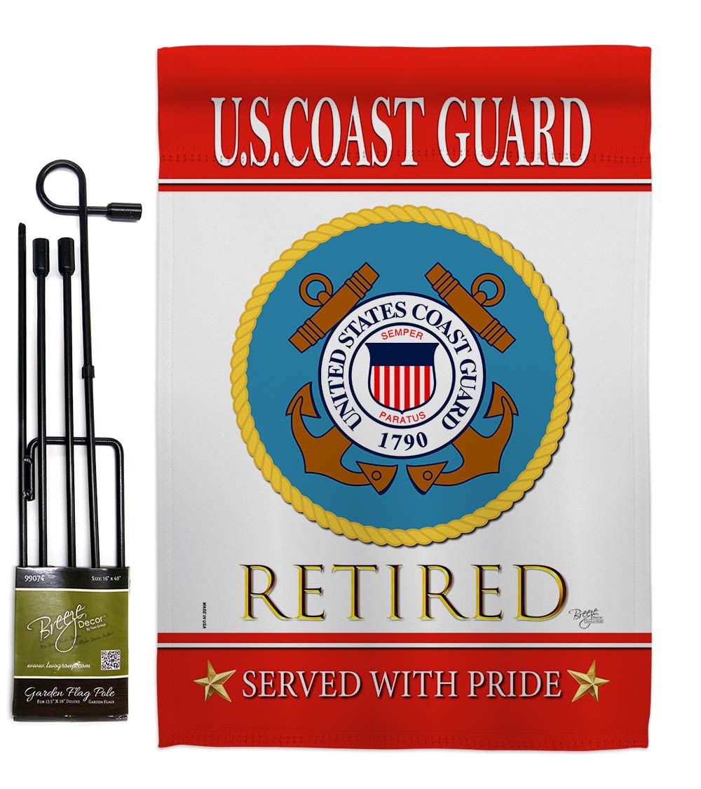 Breeze Decor US Coast Guard Garden Flag Set with Stand Armed Forces USCG Semper Paratus United State American Military Veteran Retire Official House Banner Small Yard Gift Double-Sided, Made in USA