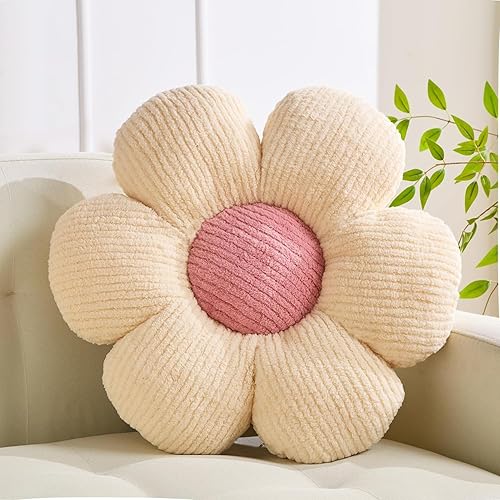 Almohada de flores en forma de cojín decorativo de margaritas para cama, bonita almohada de suelo de flores, cojín de asiento suave, cojín crema de