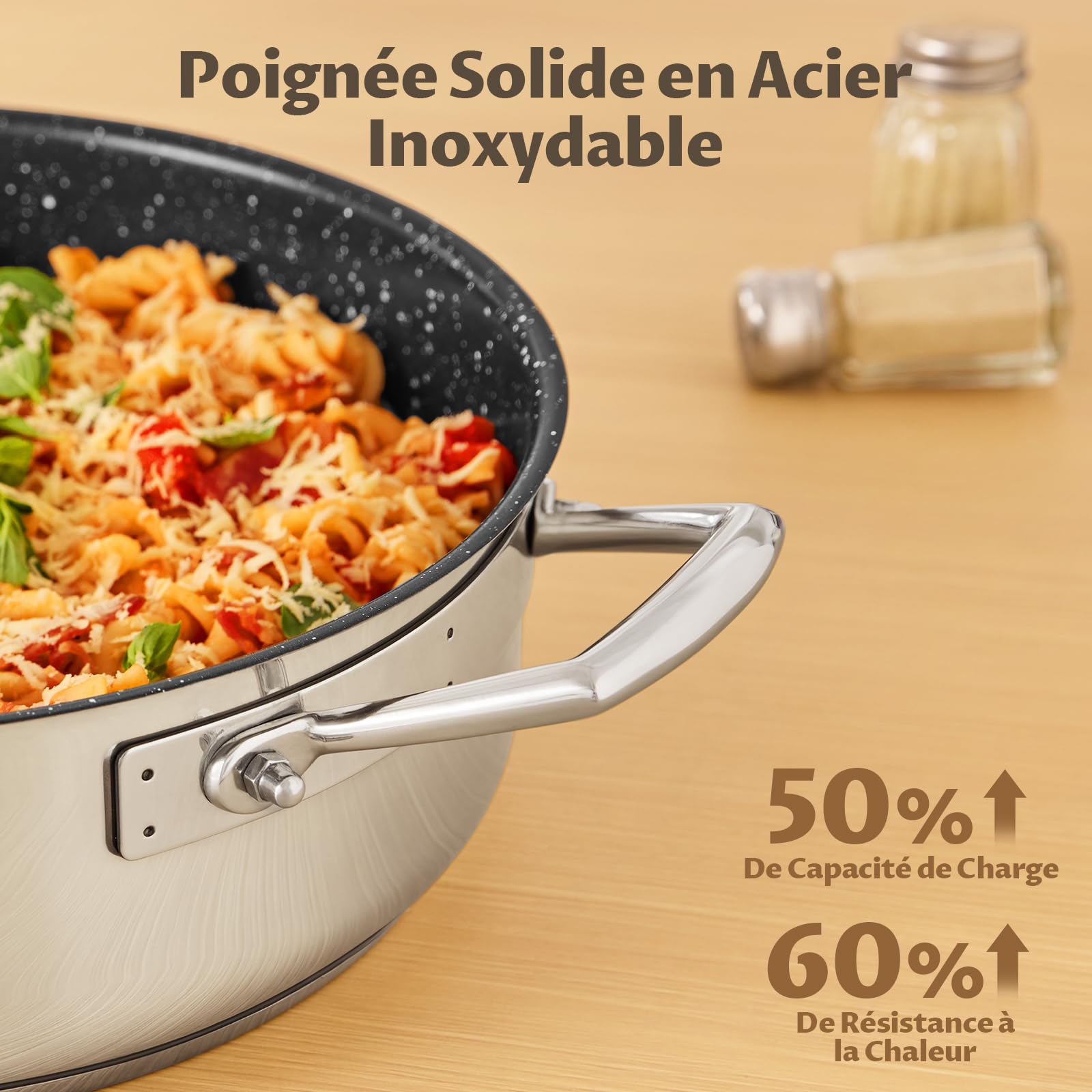 BEZIA Sauteuse 28 cm avec Couvercle, Faitout Induction 5,2 L | Poêle inox 18/10, revêtement céramique sans PTFE, cocotte/poêle passe-four pour mijoter, rôtir & cuire