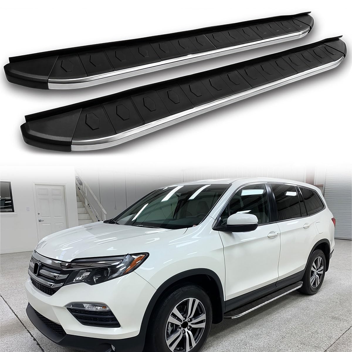 Black w/Chrome Trim OE Style Running Boards for 2016-2022 Honda Pilot | Brand of Hyper Glory, Aluminum, Pair, Left Right Side Heavy Duty Side Step Bars