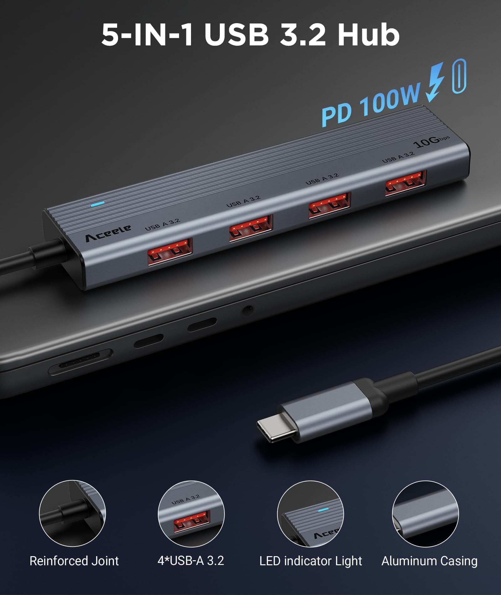 Aceele Hub USB C, 10 Gb/s, rozdzielacz USB 3.2 z ładowaniem PD 100 W, aluminiowy przedłużacz USB C z przedłużaczem 1 m do komputera, MacBooka, PS4/5, Surface Pro, Dell