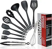 LUMAI Kit 10 Utensílios de Cozinha em Silicone e Aço Inox, Resistentes ao Calor e Antirriscos, Não Arranham Panelas, Conjunto Acessórios de Cozinha Completo com Espátula, Pegador, Concha, Colher Preto