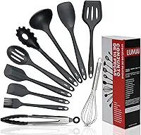 Kit 10 Utensílios de Cozinha LUMAI em Silicone e Aço Inox, Resistentes ao Calor, Antirriscos, com Espátula, Pegador, Concha e Colher, Preto