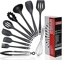 LUMAI Kit 10 Utensílios de Cozinha em Silicone e Aço Inox, Resistentes ao Calor e Antirriscos, Não Arranham Panelas, Conjunto Acessórios de Cozinha Completo com Espátula, Pegador, Concha, Colher Preto