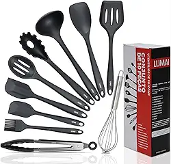LUMAI Kit 10 Utensílios de Cozinha em Silicone e Aço Inox, Resistentes ao Calor e Antirriscos, Não Arranham Panelas, Conjunto Acessórios de Cozinha Completo com Espátula, Pegador, Concha, Colher Preto