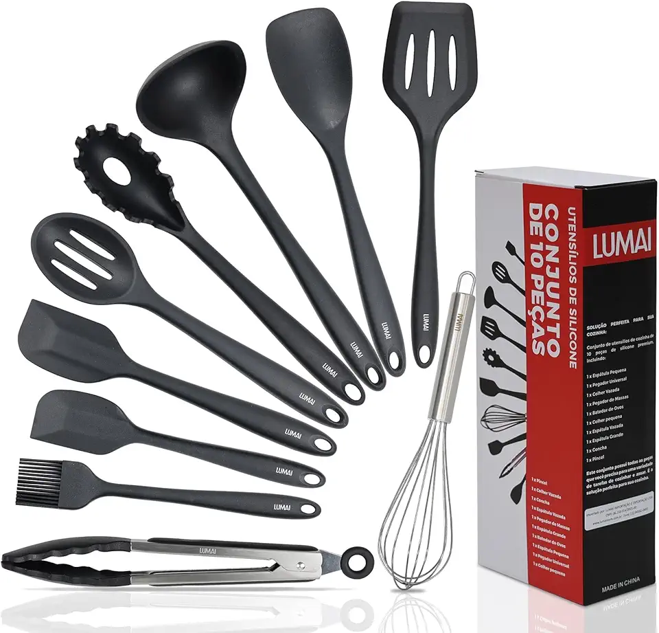 LUMAI Kit 10 Utensílios de Cozinha em Silicone e Aço Inox, Resistentes ao Calor e Antirriscos, Não Arranham Panelas, Conjunto Acessórios de Cozinha Completo com Espátula, Pegador, Concha, Colher Preto