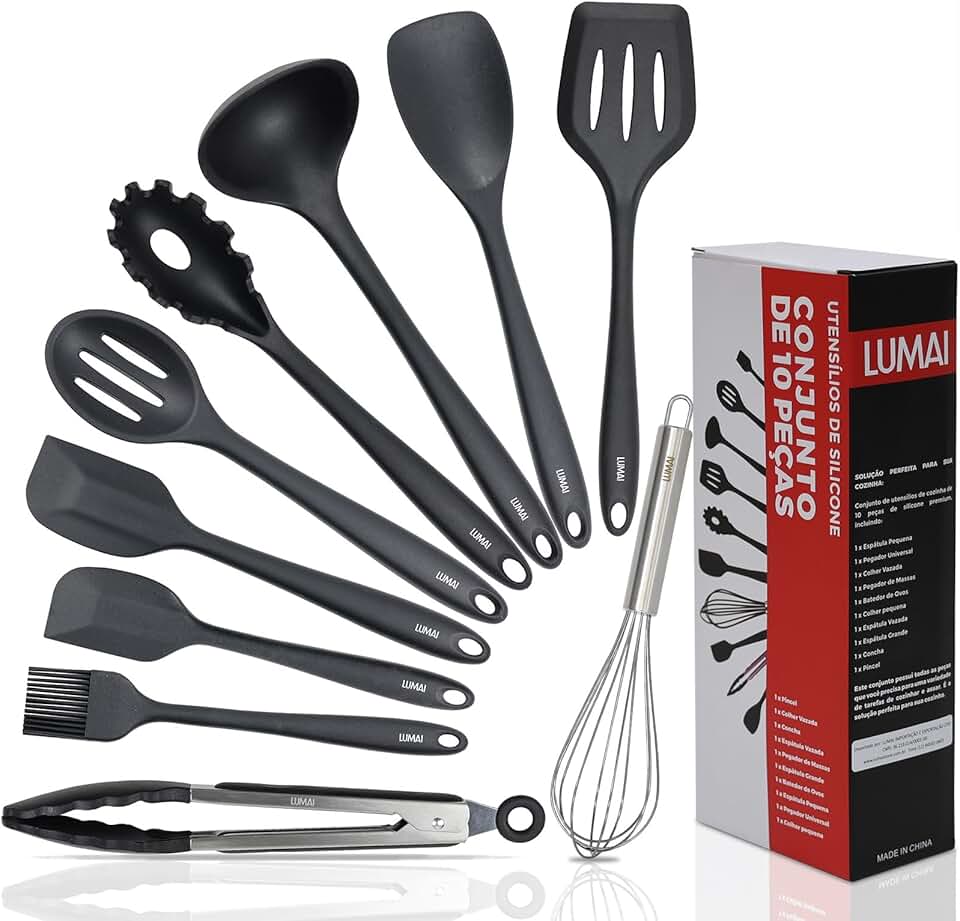 LUMAI Kit 10 Utensílios de Cozinha em Silicone e Aço Inox, Resistentes ao Calor e Antirriscos, Não Arranham Panelas, Conjunto Acessórios de Cozinha Completo com Espátula, Pegador, Concha, Colher Preto