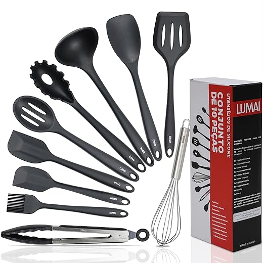 Kit 10 Utensílios de Cozinha LUMAI em Silicone e Aço Inox, Resistentes ao Calor, Antirriscos, com Espátula, Pegador, Concha e Colher, Preto