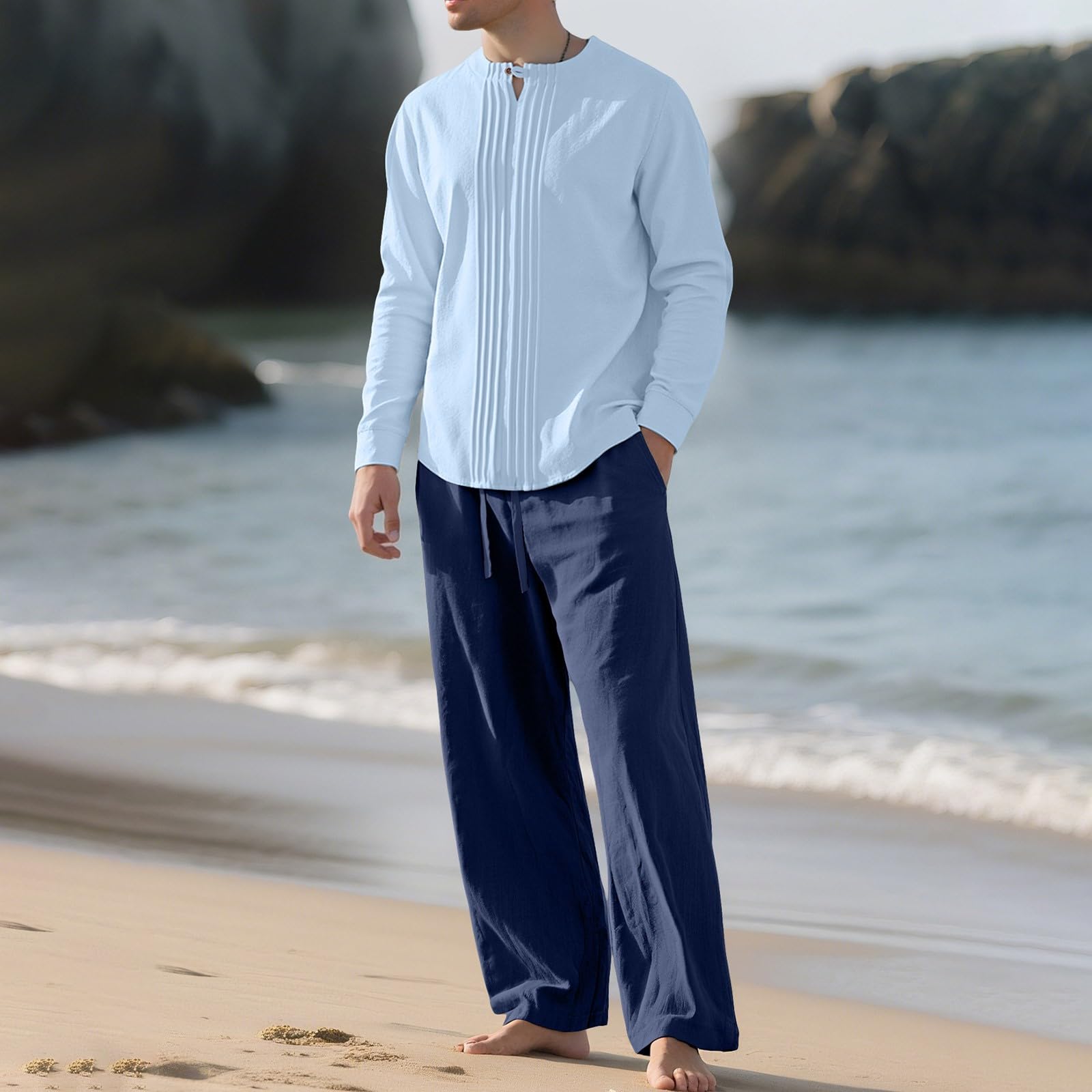 Generisch Tuta da uomo per il tempo libero, 2 pezzi, tuta da casa da uomo, elegante, casual, in tinta unita, in cotone e lino, elasticizzata, traspirante, per il tempo libero, set da jogging