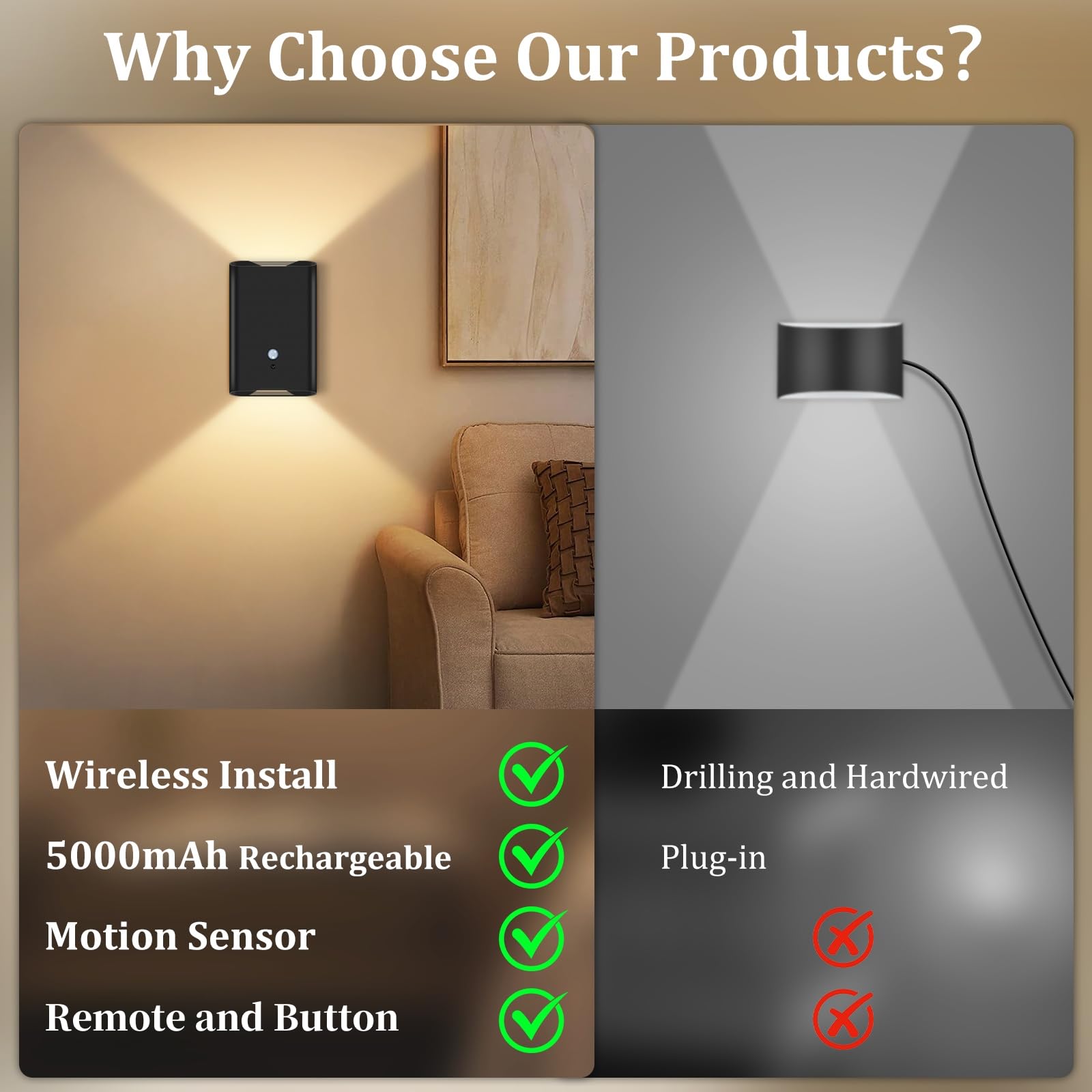 Lámpara de pared con sensor de movimiento a batería: Aplique de pared inalámbrico recargable de 5000 mAh, juego de 2 lámparas de pared LED magnéticas para interiores arriba y abajo para dormitorio 2