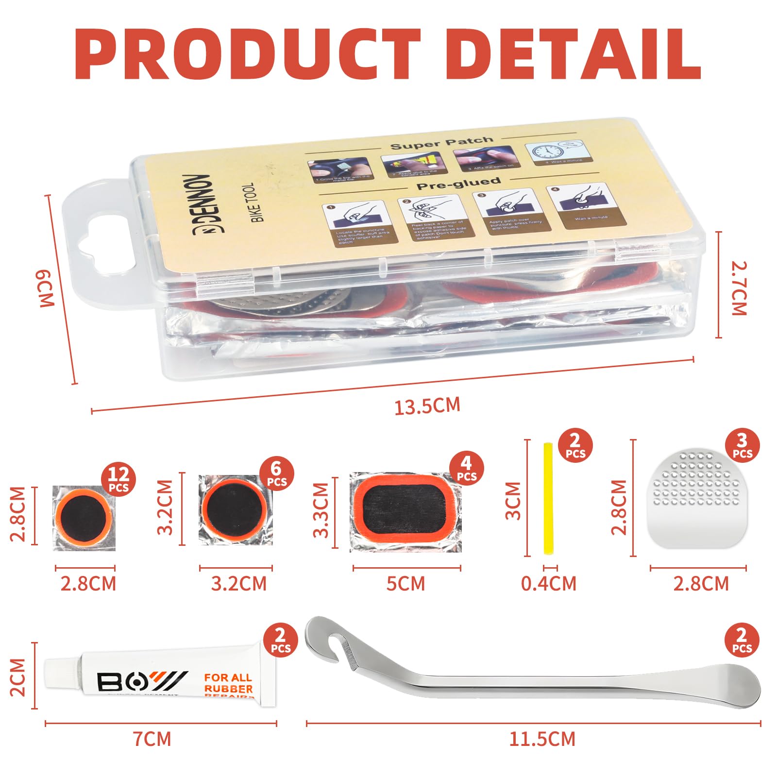 DN DENNOV 32 Pezzi Kit Riparazione Per Bici, Leva Per Pneumatici Di Bicicletta, Kit Riparazione Pneumatici - Foto 3