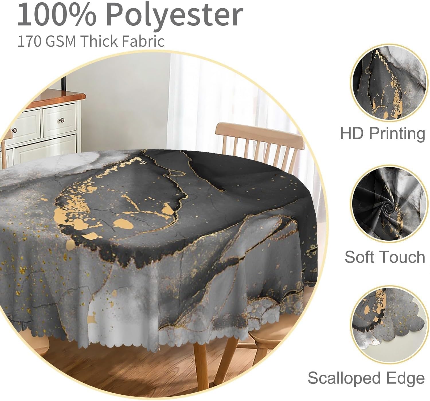 Black Grey Marble Round Tablecloth 70 Inch Abstract Art Marble Texture Golden Crack Modern Table Cloth Spill proof Oil proof Table Cover for Kitchen Dining Room Patio Indoor Outdoor Home Decor