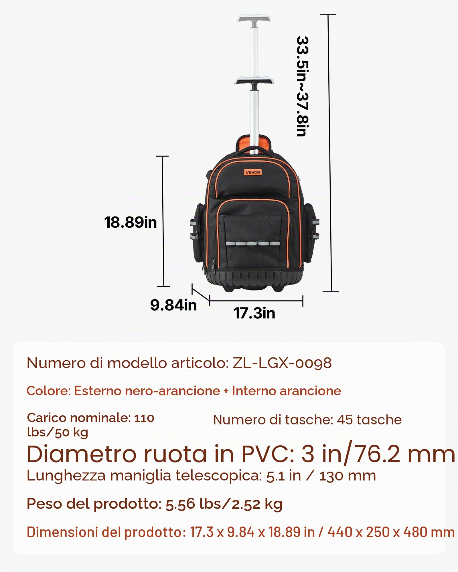 VEVOR Zaino Portautensili con Ruote, Capacità 50 kg, Borsa Portautensili con Ruote da 45 Tasche, Maniglia Telescopica Regolabile e Base Stabile, Organizzatore per Borse per Edilizia, Meccanico