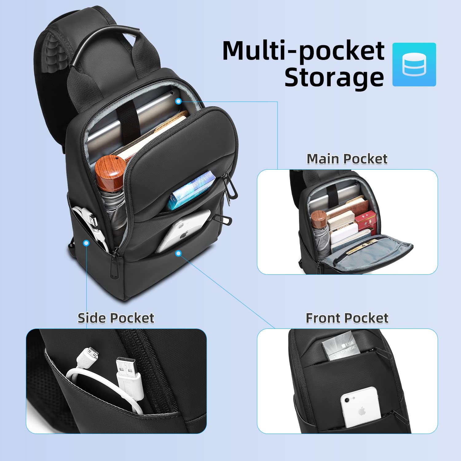 Zaino Monospalla Impermeabile Marsupio Tracolla Uomo Pratico Borsa Monospalla Piccolo per Ciclismo Viaggi Affari-Nero