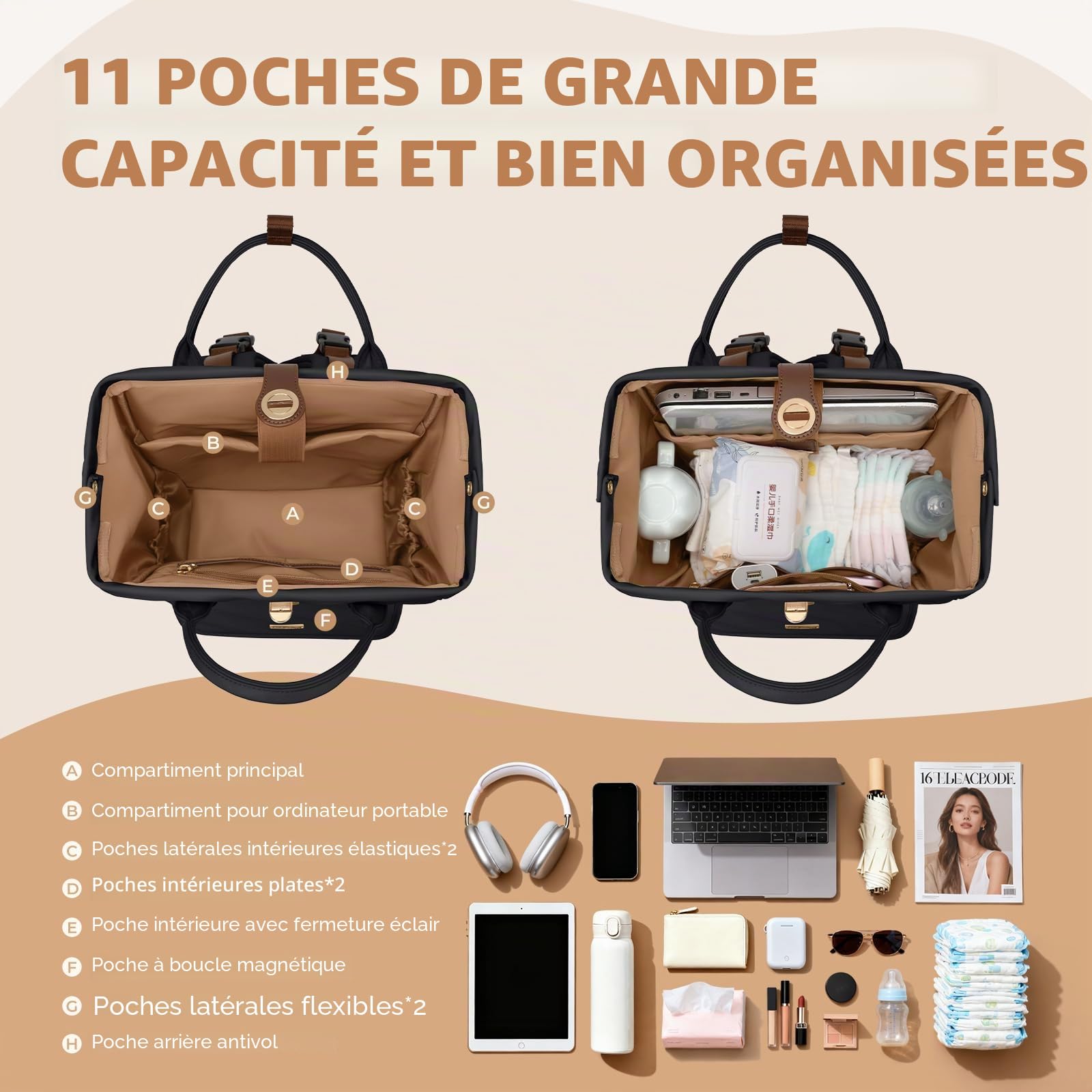 Sac à dos à langer, sac à langer multifonction résistant à l'eau avec crochet, sac à langer décontracté à suspendre pour maman