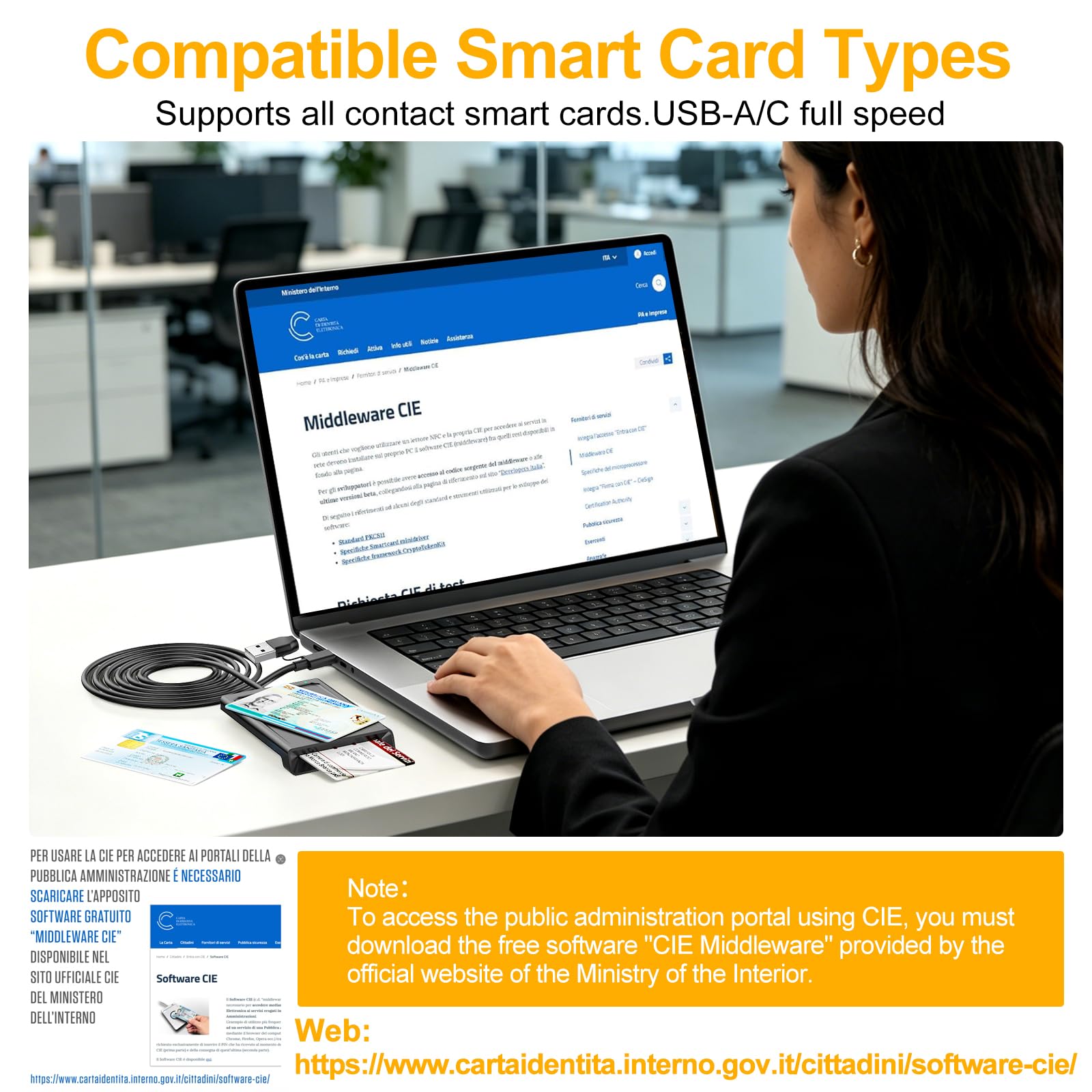 USB-A+USB-C Lettore CIE 3.0 Carta d'identità Elettronica e Tessera Sanitaria Italiana,Lettore Smart Card CNS Firma Digitale Lettore NFC Smart contatto e contactless CIE/CRS/CNS per Windows 10 11 Linux