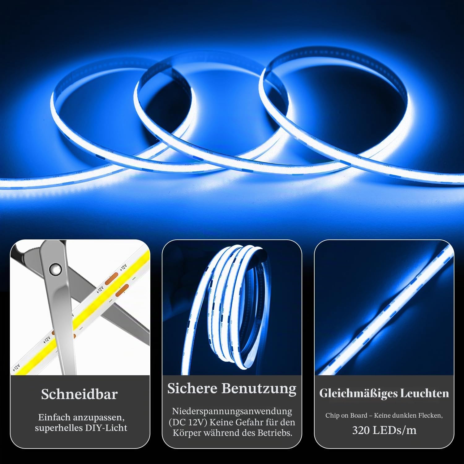 iNextStation COB LED Streifen 10m Blau DC24V mit Netzteil und Fernbedienung | 8mm LED Strip Light CRI93+ Dimmbar Lichtleiste Selbstklebend für Schlafzimmer TV Wohnzimmer Küche Spiegel