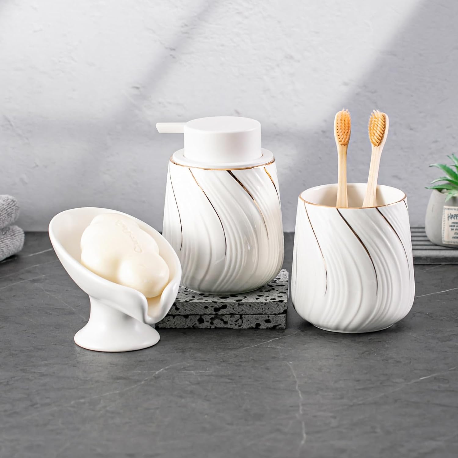 Foam Hand Soap Dispenser - 13.5 oz Ceramic foaming Hand soap Dispenser with Easy-to-Press Pump for Bathroom refillable Liquid Hand soap Dispenser (Foam-White with Gold Thread) - Image 7