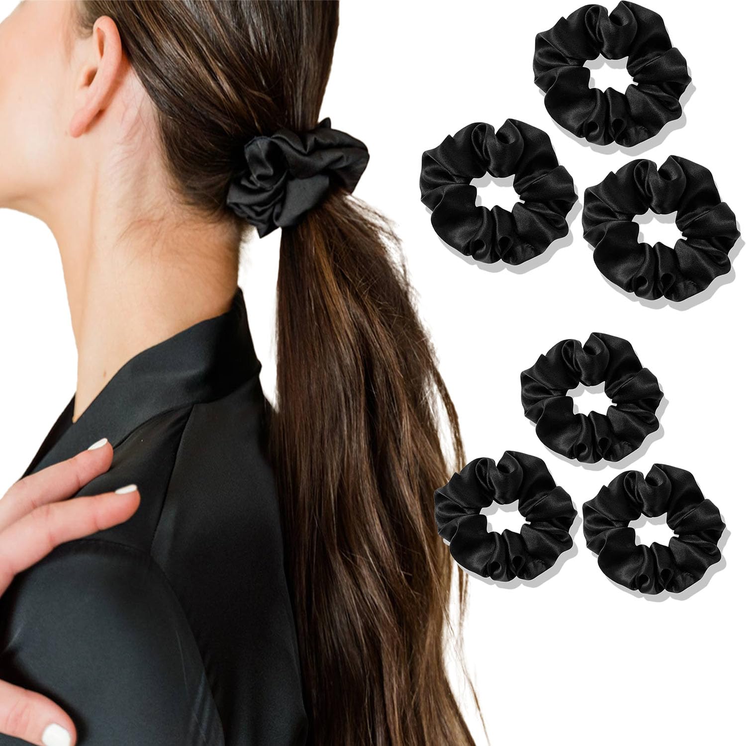 TEMPERIA (6 pcs) Silk Satin Scrunchies For Women & Girls – Stylish Luxury Ponytail Rubber Band Ties for Hair – Black (MN02)