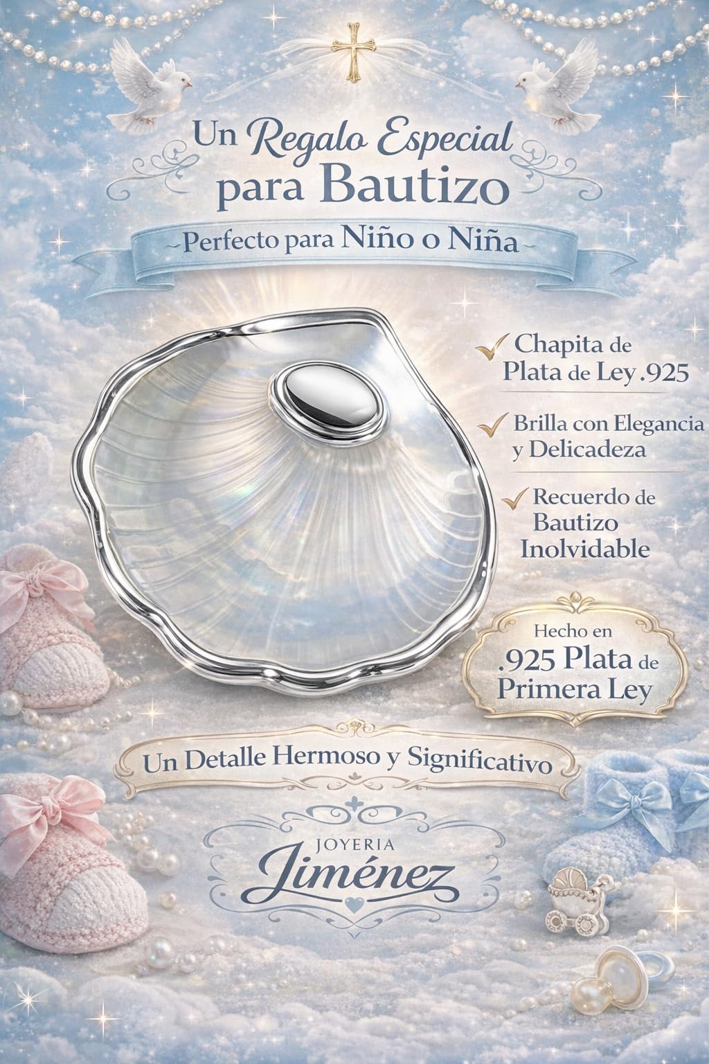 Concha Bautizo Personalizada Plata bilaminada de cristal color Nacarado