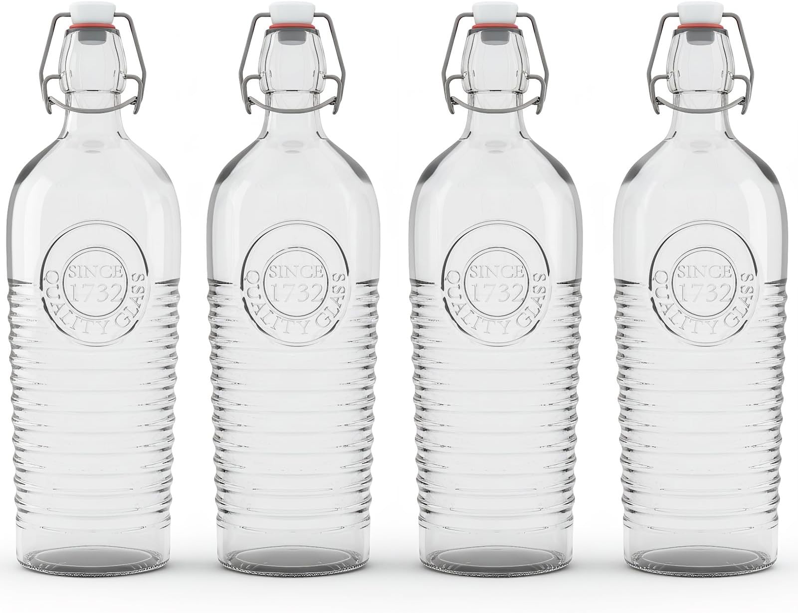 Nicunom 4 Pack Flip Top Glass Bottle, 40 Oz. / 1.2 Liter Clear Glass Pitcher Airtight Seal Swing Top Brewing Bottle for Beverages, Oils, Kombucha, Beer, Kiefer, Water, Soda