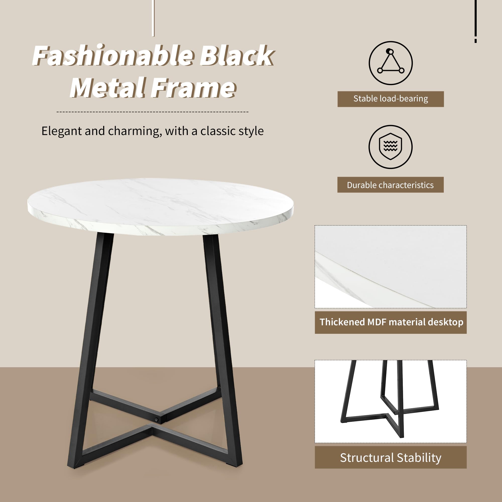 Tavolo Rotondo da Cucina in MDF con Gambe in Metallo, Tavolo da Pranzo Moderno con Motivo Marmo, per Esszimmer e Soggiorno, Bianco e Nero, Diametro 80 cm, Altezza 75 cm