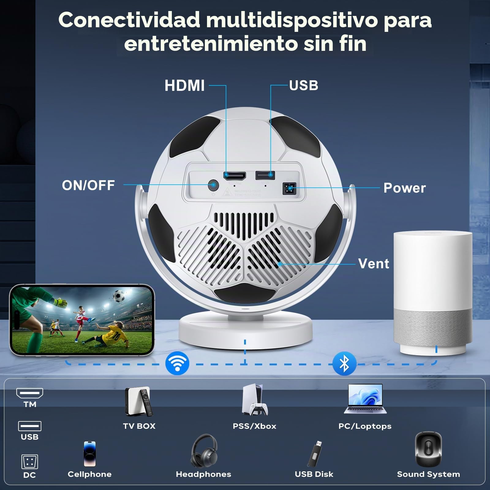 [Proyector de Fútbol] Mini Proyector Portátil con WiFi 6 Bluetooth 5.4, Android 14,Support 4K,Auto Keystone 180° Rotable Projector Compatible con Teléfono/PC/Laptop/TV/HDMI