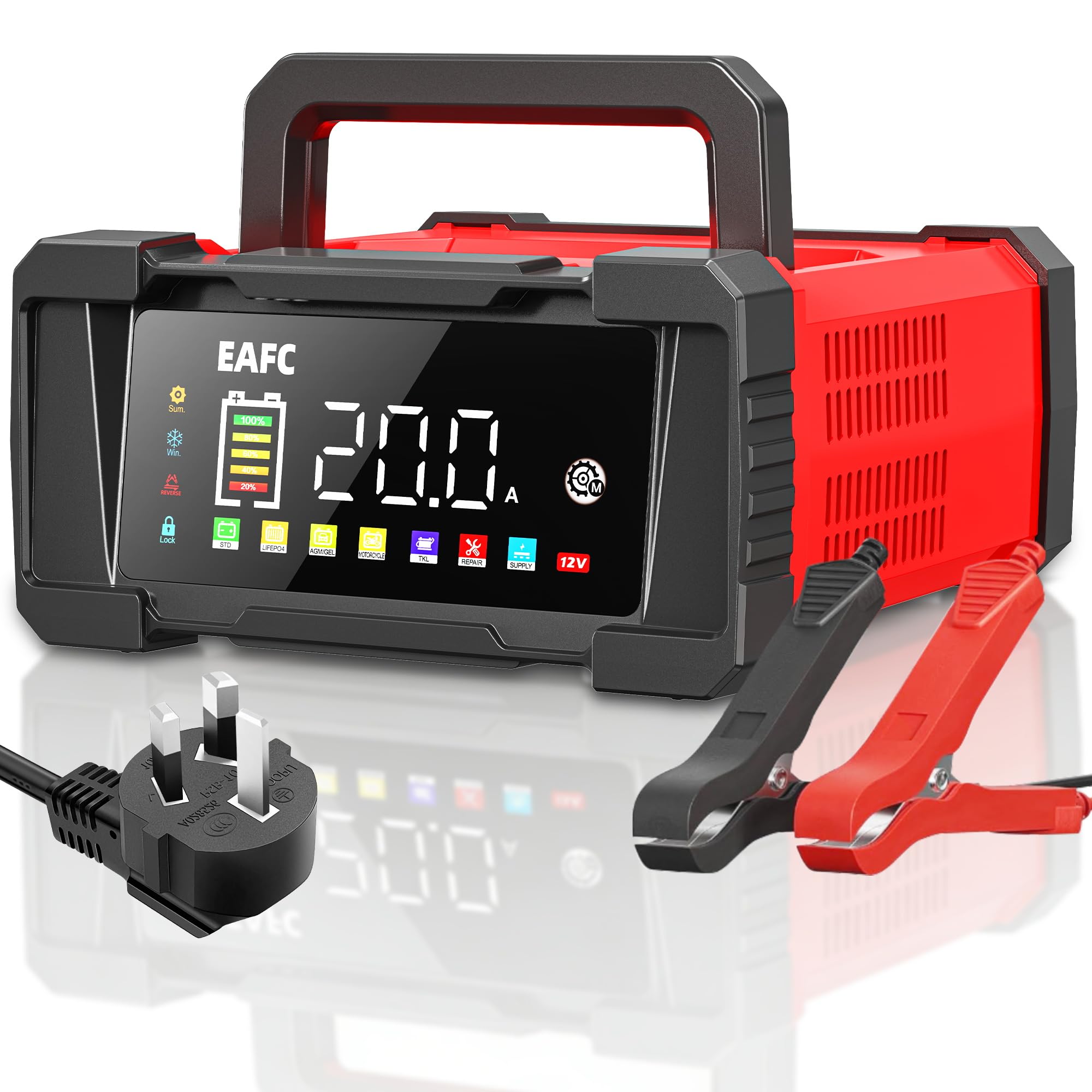 EAFC 20Amp 12V/24V Smart Car Battery Charger & Maintainer – Automatic Lead-Acid & LiFePO4 Battery Charger for Car, Motorcycle, Truck, Boat, Lawn Mower with LCD Display, Trickle Charge & Repair Mode - 1