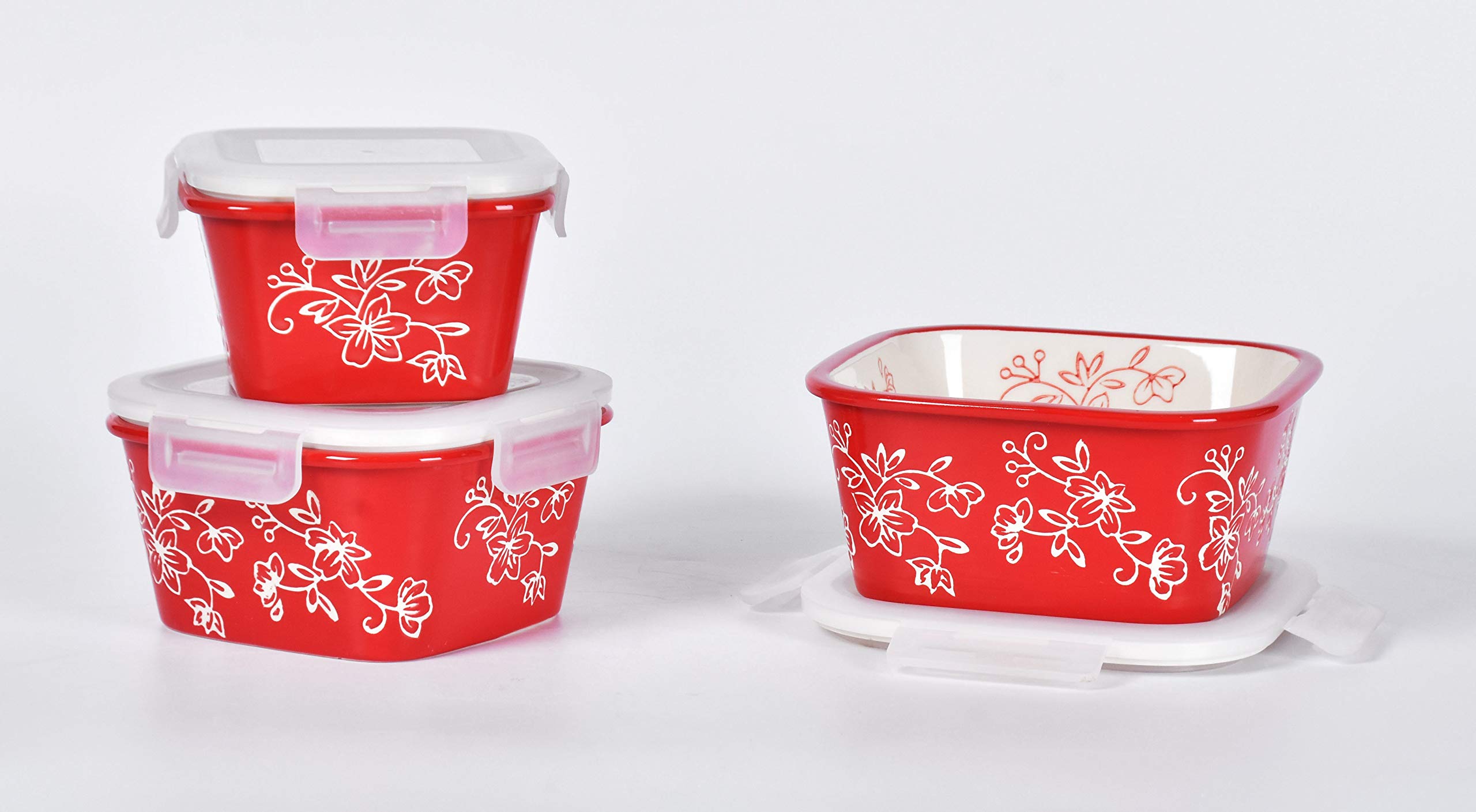 temp-tations® Floral Lace Nesting Square Ceramic Containers with Lid - 3 Piece - Red - Oven Microwave Freezer Refridgerator Safe Ceramic hand painted bakeware for baking serving kitchen cooking gift