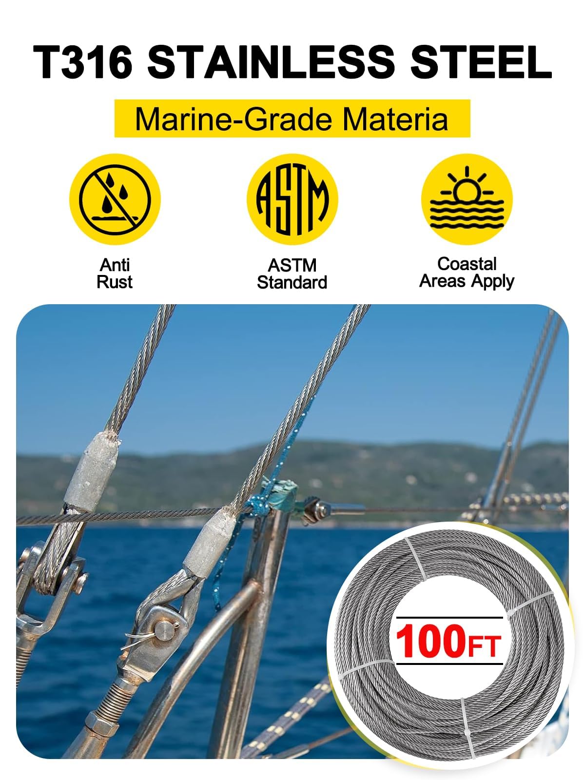 TooTaci Cable de acero inoxidable T316 de 3/16 pulgadas, cuerda de alambre de barandilla de acero inoxidable de 100 pies, cable de avión 3/16, cable de acero trenzado de 7 x 19 hilos, para barandilla