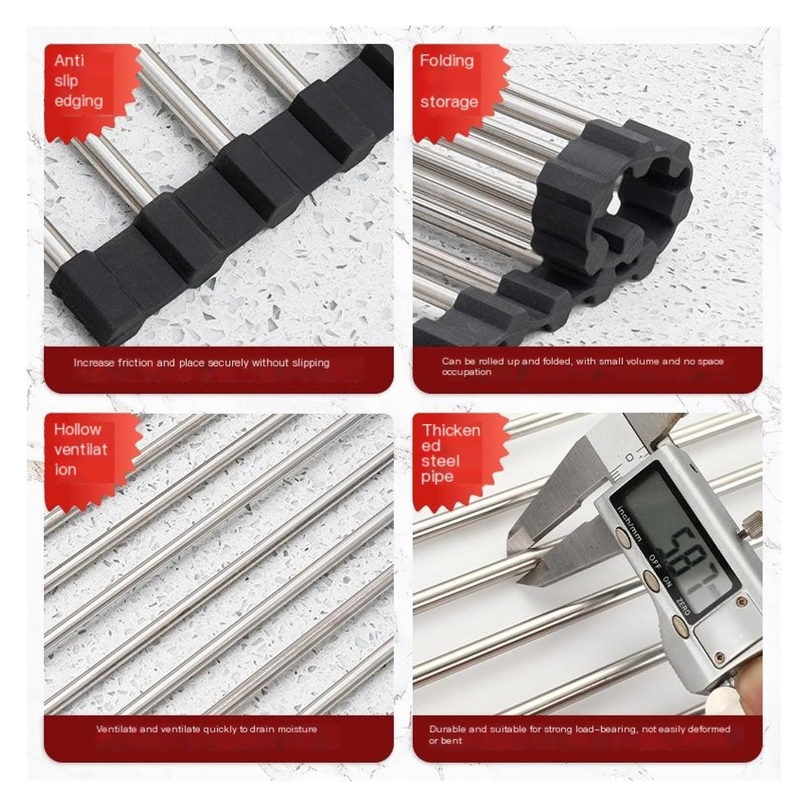 Escurridor plegable de acero inoxidable para fregadero, resistente al calor, filtro de agua para verduras y platos, ahorra espacio de almacenamiento (9 tubos negros)