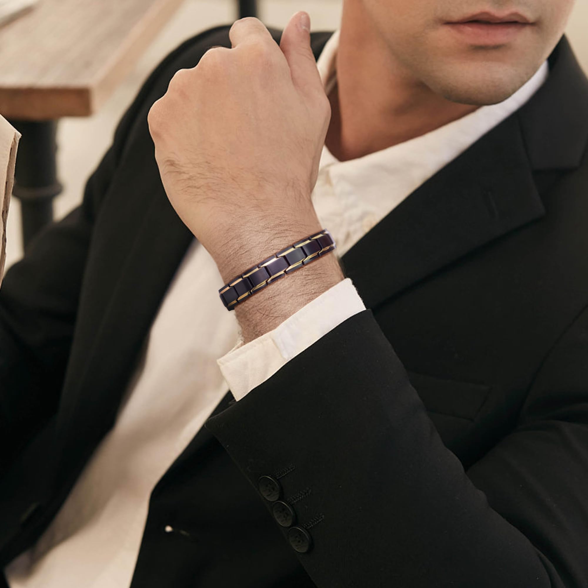 JFUME Bracciale magnetico da uomo, placcato oro 18k, placcato nero, argento, carbonio blu con strumento di rimozione link, regolabile 22cm