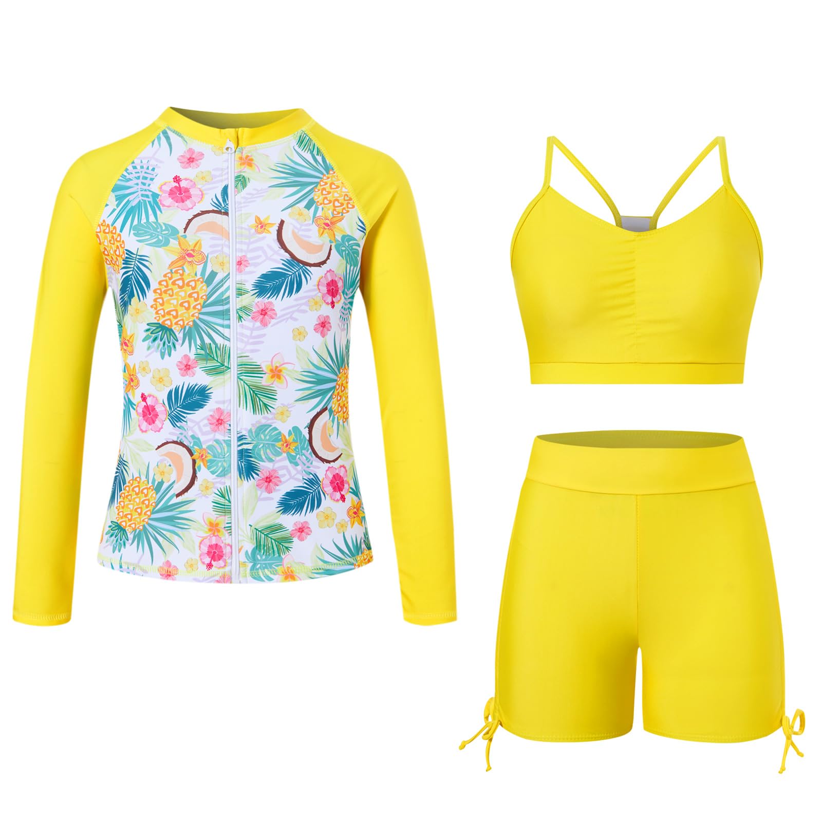 Funnycokid Girls Swimsuit 3 Pieces Zip Rash Guard Bathing Suits Set Kids Bikini Boyshort Summer Swimwear 3-14 Years