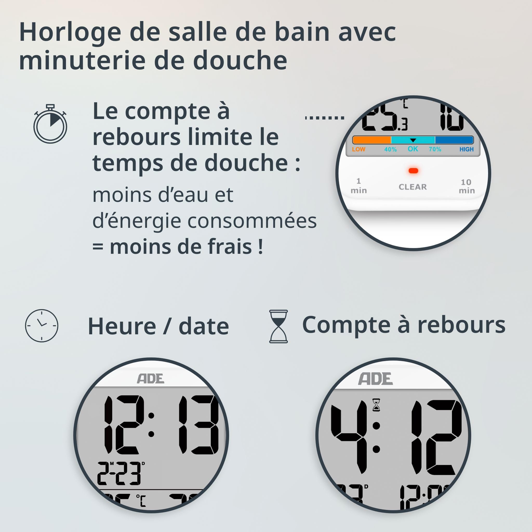ADE Horloge de Salle de Bain numérique avec hygromètre et thermomètre | minuteur Douche | étanche | thermomètre de Bain | Fonction Compte à rebours | Grand écran LCD | Affichage de la Date