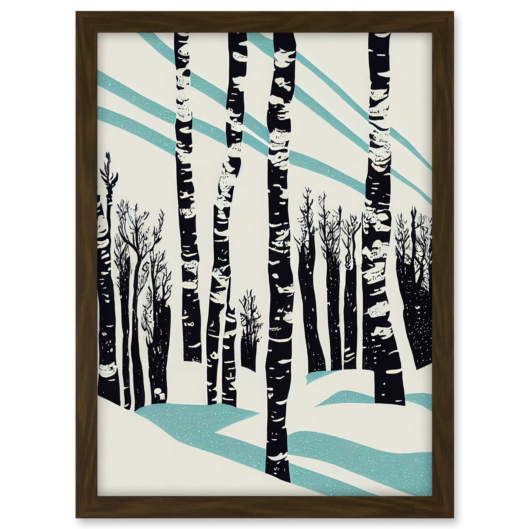 Wee Blue Coo Modern Birch Tree Forest in Winter Modern Stencil Design Monochrome and Teal Artwork Framed A3 Wall Art Print