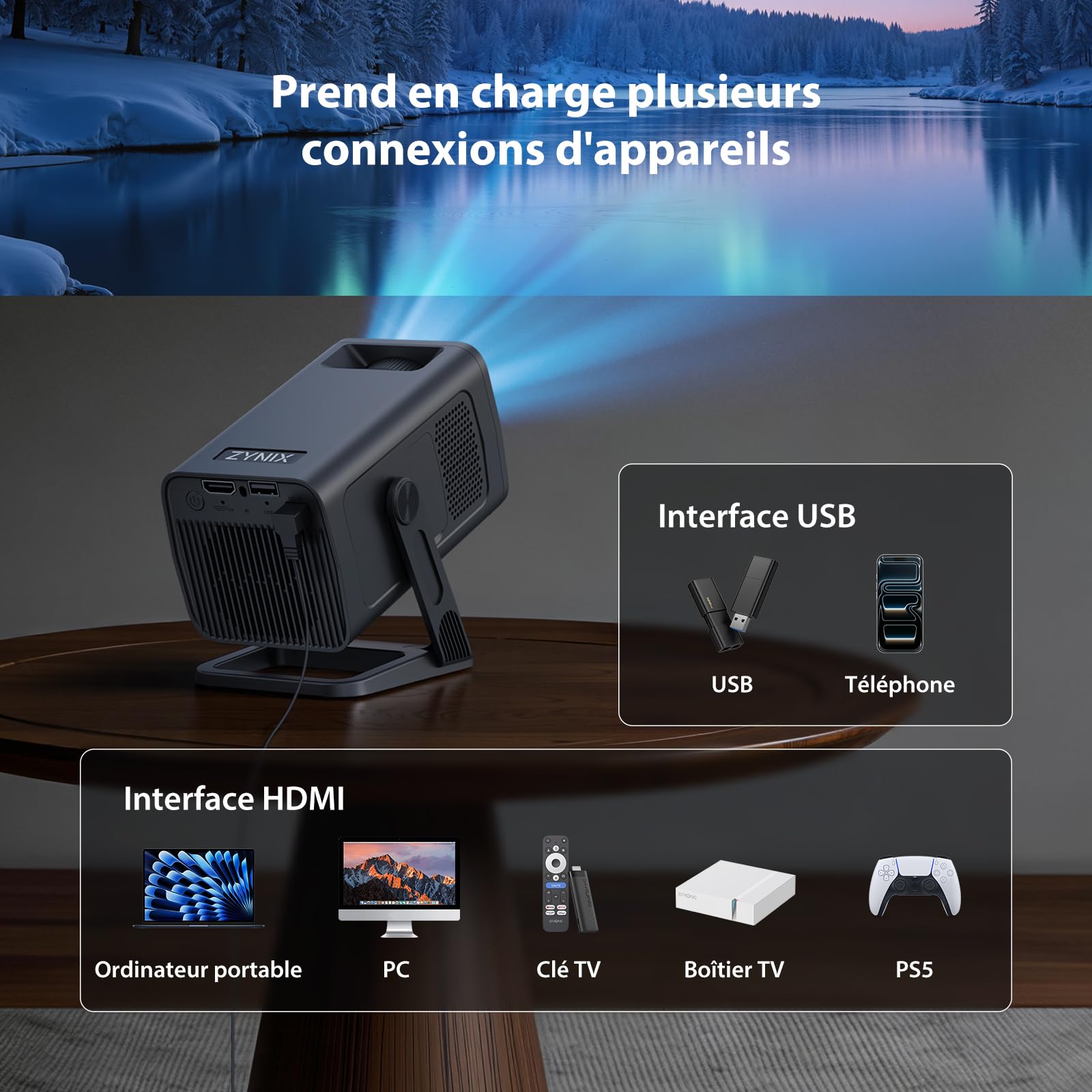 Videoprojecteur【App Intégrée & Auto Keystone】 Android 14, Retroprojecteur | NIX500 Mini Projecteur Video Portable Courte Focale WiFi 6 Bluetooth 5.4 avec Rotation 210°, Supporte 4K 1080P Home Cinéma
