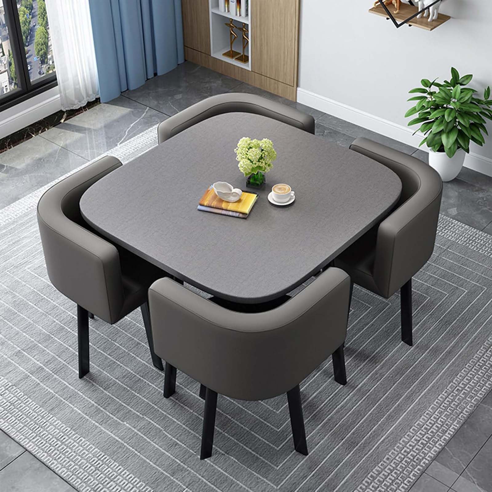 WOTZOV Modern Round Square Dining Table Set With 4 Chairs Wooden Conference Table & Reception Set 80Cm/31.5In Kitchen Furniture Ensemble,T 80cm/31.5in