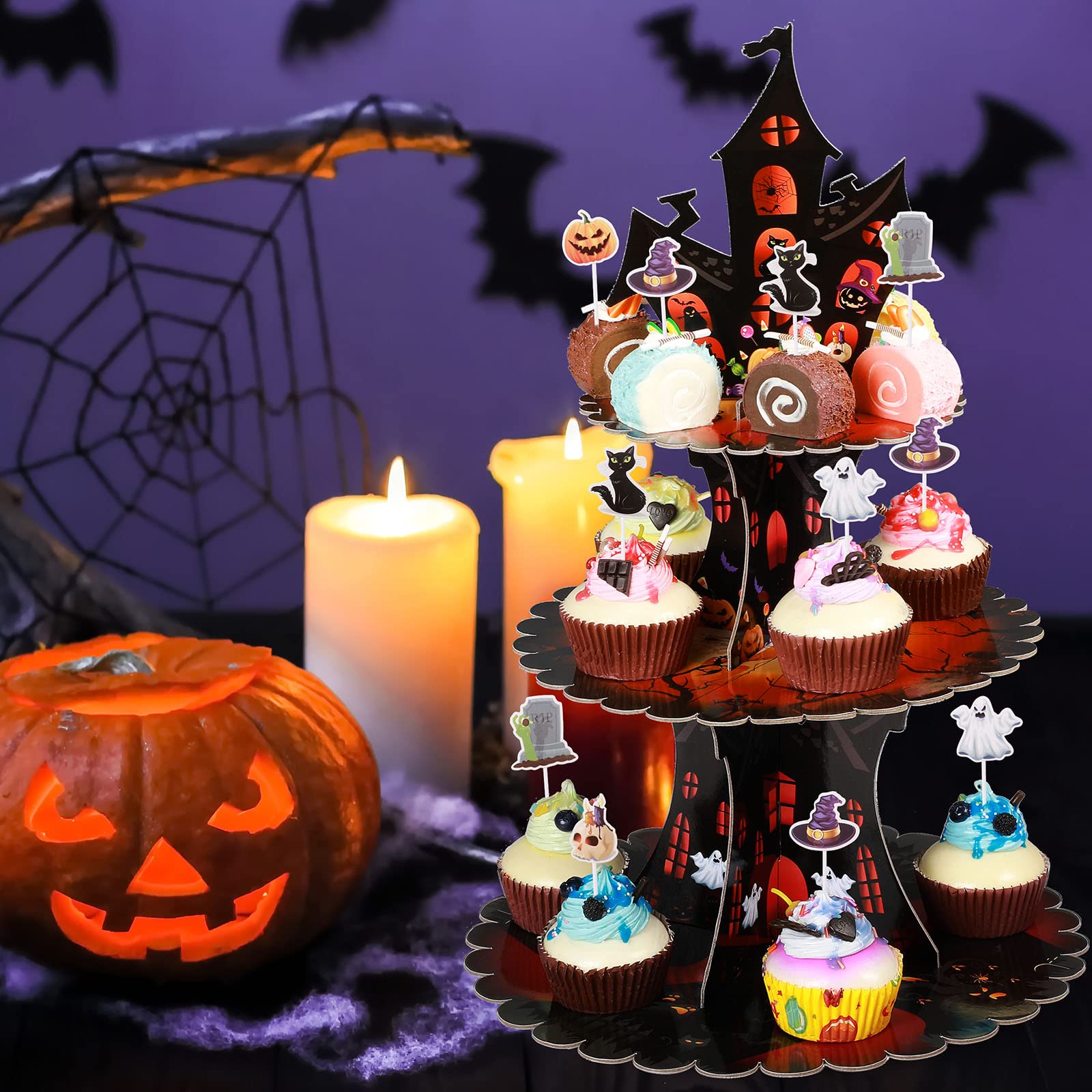 3-stöckiger Halloween-Cupcake-Ständer Aus Pappe – 45,7 Cm Hoch, Für Desserts, Partydekoration, Geister & Kürbis-Design