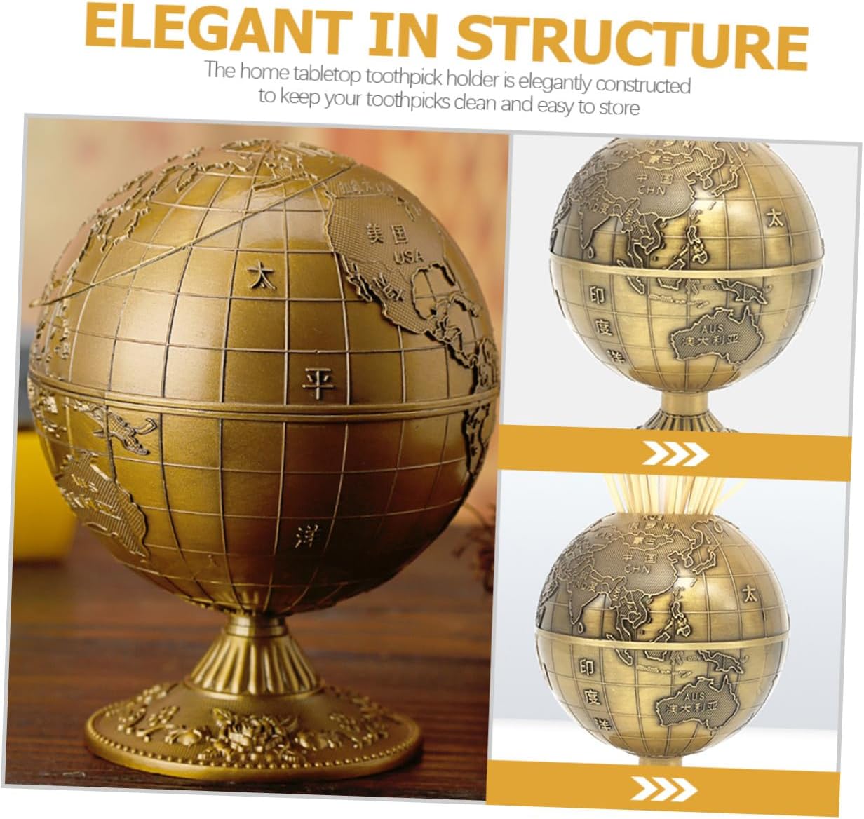 ibasenice Sphere Shape Toothpick Holder Push-type Dispenser with Lid Retro Copper Toothpick Container 360° Rotating Globe Design for Home Kitchen Dining