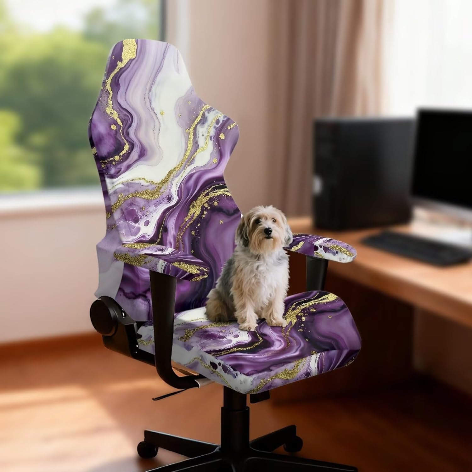 Purple Gold Marble Gaming Chair Covers 4 Pieces Stretchable Office Desk Chair Cover Reusable Rotating Gaming Chair Protector Cover Gamer Room Decor image 2