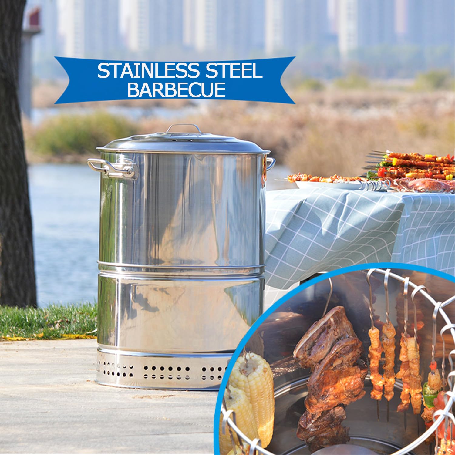 Parrillas de carbón portátiles grandes, parrilla de barbacoa de carbón inoxidable 360° sin humo al aire libre parrilla para viajes, cocina al aire libre y barbacoa, parrilla de camping, picnic 5
