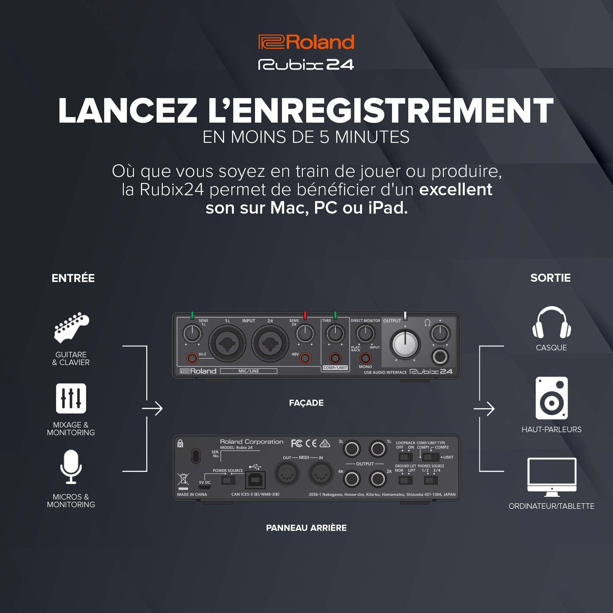 Interface audio USB Roland Rubix24 2 In-4 Out | Son haute résolution | Enregistrement de micros, guitares, claviers et autres | Compacte & robuste | Compatible Mac, PC & iPad