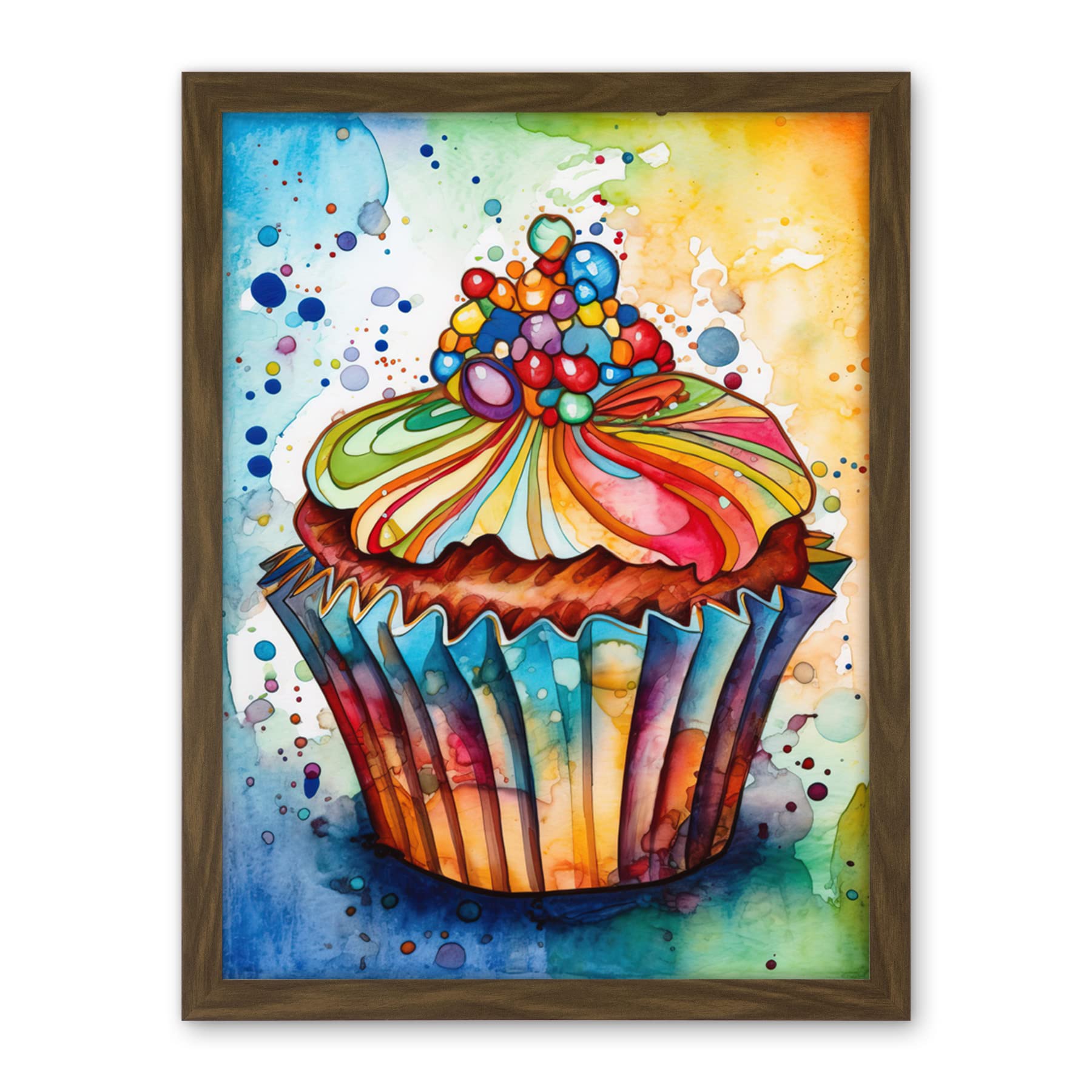 Artery8 Cupcake With Sprinkles Vibrant Watercolour Painting Artwork Framed Wall Art Print 18X24 Inch