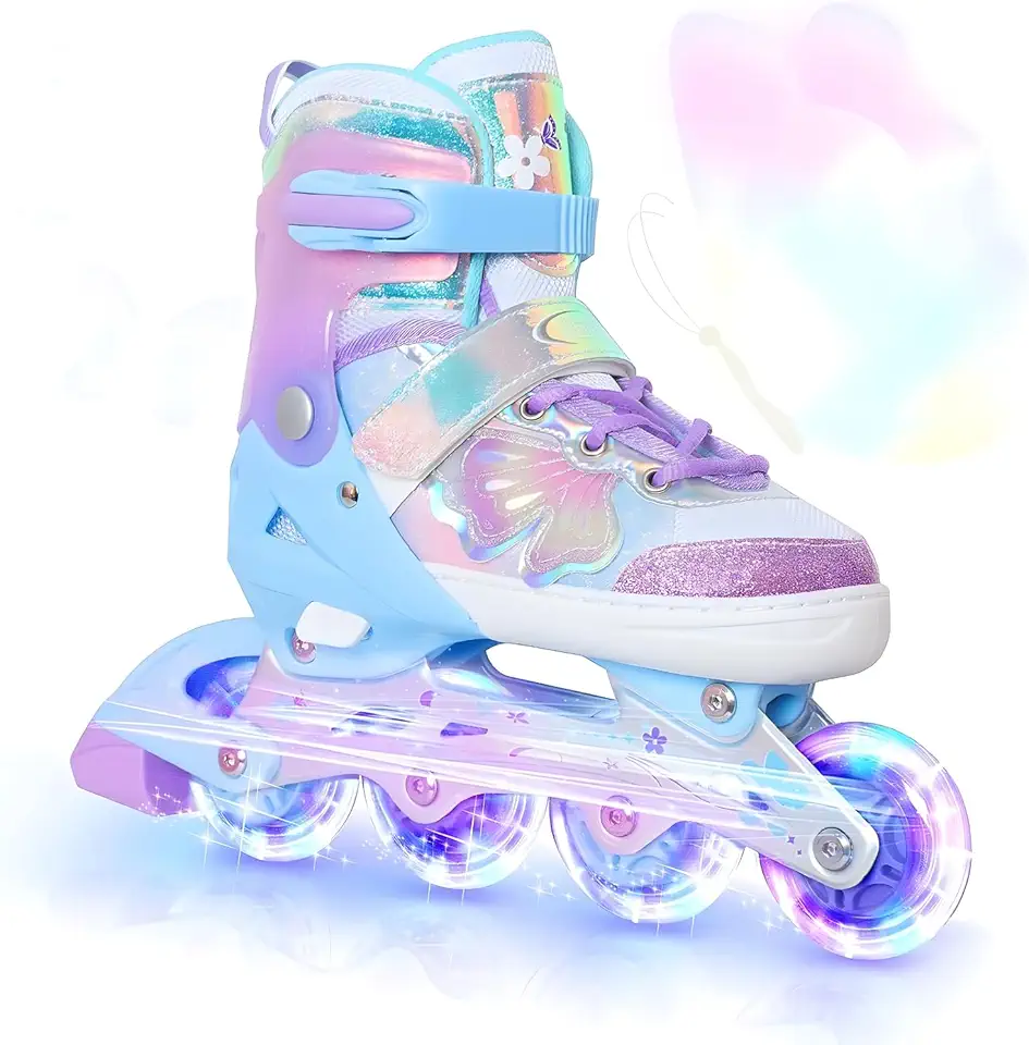 Patins Infantil Cano Alto, 8 Rodas Iluminadas com LED e 4 Tamanhos Ajustáveis, Patins Quad com Bolsa de Armazenamento, patins de fileira dupla para meninas