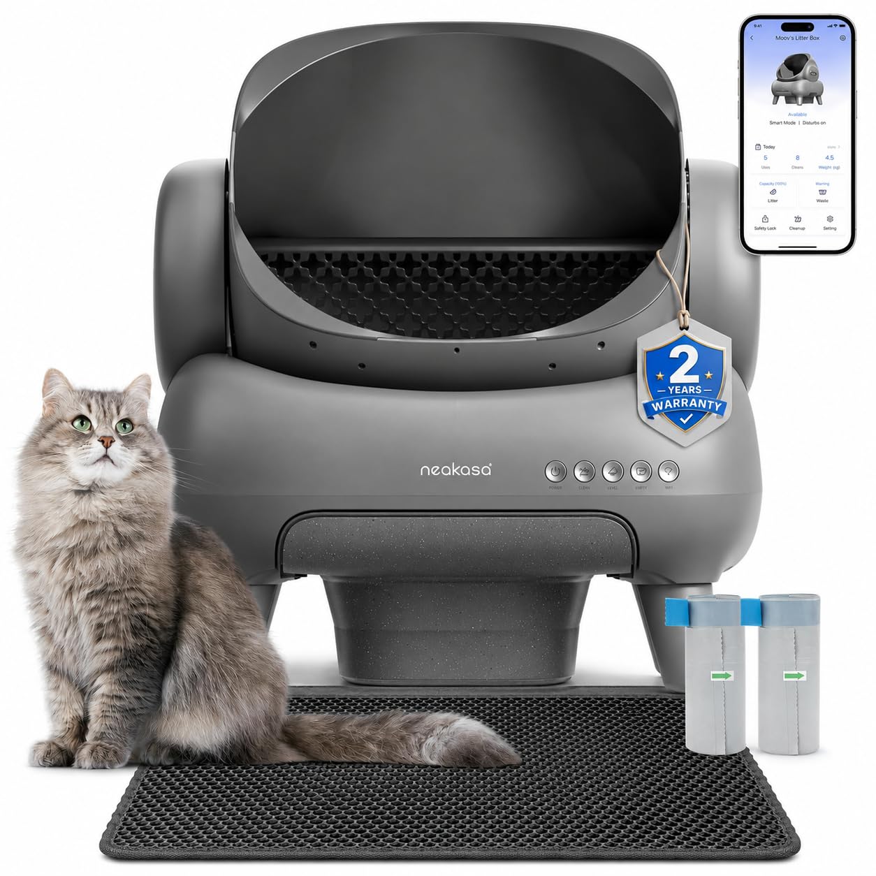 Neakasa M1 Lettiera Gatto Autopulente Aperta Grande XXL, Controllo APP, Smaltimento dei Rifiuti Senza Odori, Sacchetti e Tappeto Lettiera gatto, per Più Gatti
