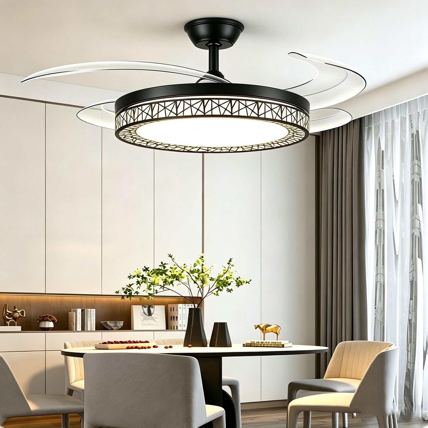 Piptyllite Full-Spectrum LED Ceiling Fan Light, Modern Inverter Concealed Design for Living Dining Bedroom,Black